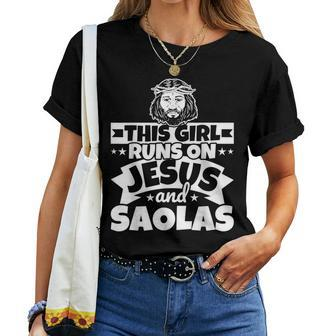 Girl Runs On Jesus And Saolas Women T-shirt | Mazezy