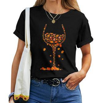 Glass Of Wine Maple Leaf Autumn Fall Drink Wine Lover Women T-shirt - Seseable
