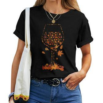Glass Of Wine Maple Leaf Autumn Fall Season Thanksgiving Women T-shirt - Thegiftio UK
