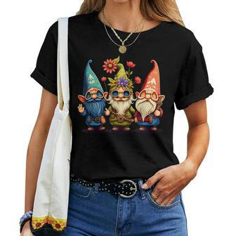 Gnome Cute And Funny Gnome Hippie Sunflower Peace Love Women T-shirt Short Sleeve Graphic - Thegiftio UK