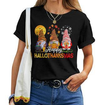 Gnomes Hallothanksmas Halloween Thanksgiving Christmas Party Women T-shirt