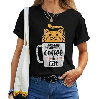 Good Day Starts With Coffee Cat Cute Kitten Girls N Women T-shirt - Monsterry