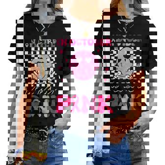 Groovy Breast Cancer Awareness In October We Wear Pink Women T-shirt - Seseable