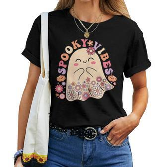 Groovy Cute Kawaii Ghost Floral Spooky Vibes Hippie Pumpkin Women T-shirt - Seseable