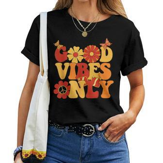 Groovy Good Vibes Only Peace Love 60S 70S Flower Butterfly Women T-shirt - Seseable