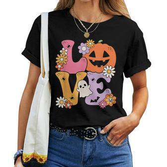 Groovy Love Halloween Floral Pumpkin Ghost Retro Women T-shirt - Thegiftio UK