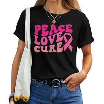 Groovy Peace Love Cure Cancer Breast Awareness Month Women T-shirt | Mazezy