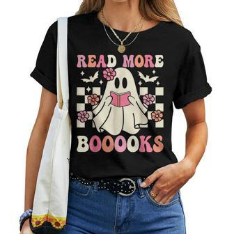 Groovy Read More Books Cute Ghost Boo Halloween Books Lover Women T-shirt - Seseable