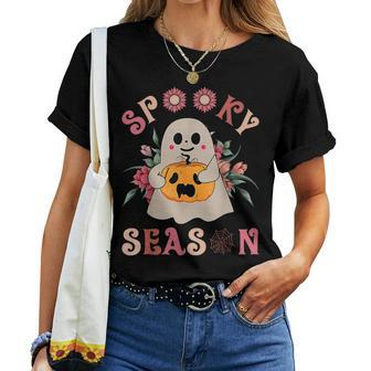 Groovy Spooky Season Cute Ghost Holding Pumpkin Halloween Women T-shirt - Seseable