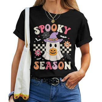 Groovy Spooky Season Retro Ghost Holding Pumpkin Halloween Women T-shirt - Seseable