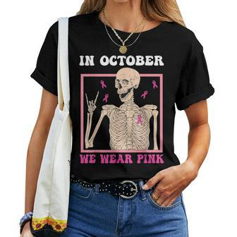 Groovy Wear Pink Breast Cancer Warrior Skeleton Halloween Women T-shirt - Thegiftio UK