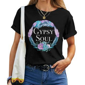 Gypsy Soul T Cute Bohemian Chic Hippie Flower Feather Women T-shirt | Mazezy