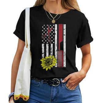 Hairdresser American Flag Sunflower Cool Hair Stylist Women T-shirt | Mazezy
