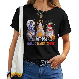 Hallothanksmas Gnomes Halloween Thanksgiving Christmas Happy Women T-shirt - Monsterry AU