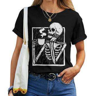 Halloween Coffee Drinking Skeleton Skull Women T-shirt - Seseable