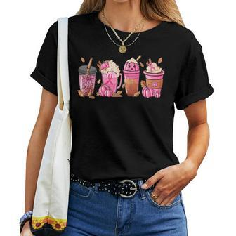 Halloween Coffee Pumpkin Latte Spice Breast Cancer Awareness Women T-shirt - Monsterry