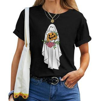 Halloween Costume Vintage Floral Ghost Pumpkin Graphic Pumpkin Women T-shirt | Mazezy