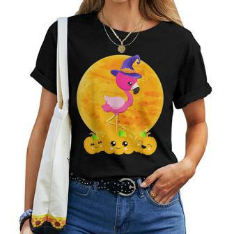 Halloween Flamingo Costume Cute Pumpkin Face Bird Lover Women T-shirt | Mazezy