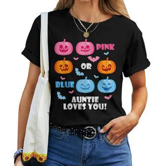 Halloween Gender Reveal Auntie Loves You Fall Theme Halloween Women T-shirt | Mazezy