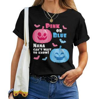 Halloween Gender Reveal Nana Cant Wait To Know Fall Theme Halloween Women T-shirt | Mazezy