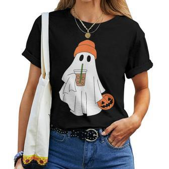 Halloween Ghost Drinking Coffee Ghost Ice Coffee Women T-shirt - Monsterry