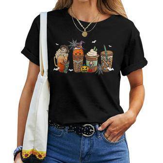 Halloween Horror Movie And Coffee Spooky Season Hello Fall For Coffee Lovers Women T-shirt | Mazezy
