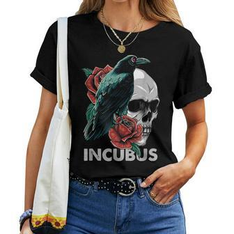 Halloween Graphic Incubus-Crow Left Skull Morning And Flower Women T-shirt - Seseable