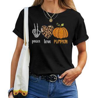 Halloween Peace Love Skeleton Fall Pumpkin Leopard Women Halloween Women T-shirt | Mazezy