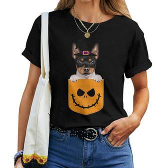 Halloween Pocket Toy Fox Terrier Scary Jack O Lantern Women T-shirt | Mazezy