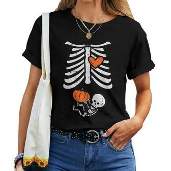 Halloween Pregnancy Skeleton Baby Announce Costume Women T-shirt - Seseable