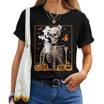 Halloween Skeleton Coffee Drinking Skull Horror Women Men Drinking s Women T-shirt | Mazezy