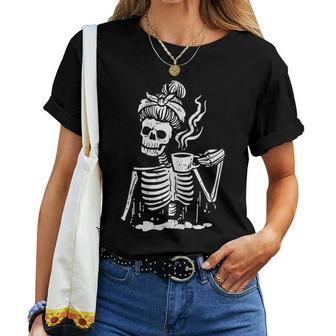 Halloween Skeleton Messy Bun Coffee Costume Mom Women T-shirt