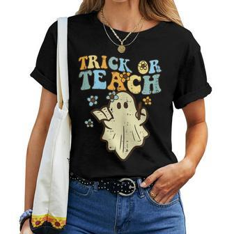 Halloween Teacher Trick Or Teach Groovy Ghost Costume Women T-shirt - Monsterry