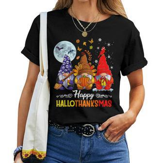 Halloween Thanksgiving Christmas Happy Hallothanksmas Gnomes Women T-shirt - Seseable