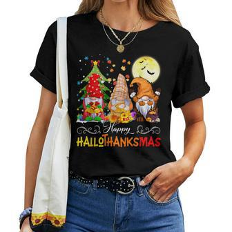 Halloween Thanksgiving Christmas Happy Hallothanksmas Gnomes Women T-shirt - Monsterry UK