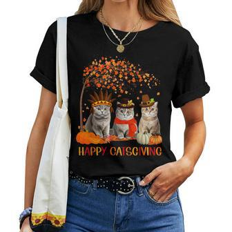 Happy Catsgiving Cute Thanksgiving Cat Lovers Cat Mom Women Women T-shirt - Seseable