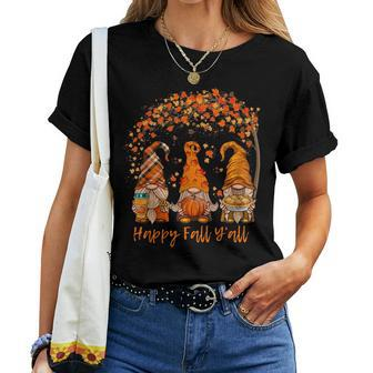 Happy Fall Y'all Gnome Pumpkin Autumn Leaves Thanksgiving Women T-shirt - Seseable