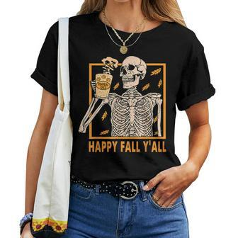 Happy Fall Yall Women Halloween Skeleton Pumpkin Spice Women Halloween Women T-shirt | Mazezy
