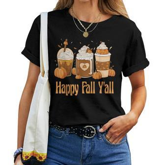 Happy Fall Y'all Latte Coffee Leopard Pumpkin Autumn Women T-shirt