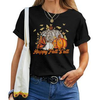 Happy Fall Y'all Pumpkin Butterfly Autumn Thanksgiving Retro Women T-shirt | Mazezy CA