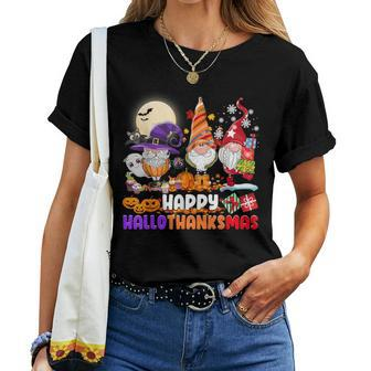 Happy Hallothanksmas Gnome Halloween Thanksgiving Christmas Women T-shirt - Monsterry