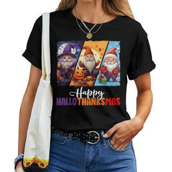 Happy Hallothanksmas Gnomes Halloween Thanksgiving Christmas Women T-shirt | Mazezy UK