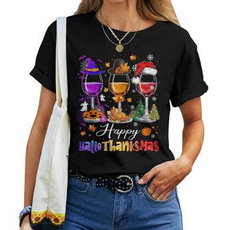 Happy Hallothanksmas Wine Glasses Halloween Merry Christmas Women T-shirt - Monsterry DE