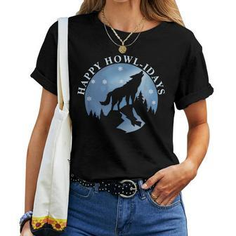 Happy Howlidays With Howling Wolf And Moon Women T-shirt | Mazezy