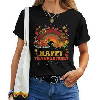 Happy Thanksgiving Food Retro Turkey Pumpkin Pie Fall Autumn Women T-shirt