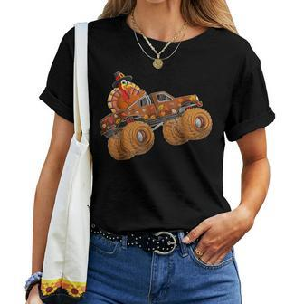 Happy Thanksgiving Riding Monster Truck Turkey Fall Autumn Women T-shirt | Mazezy