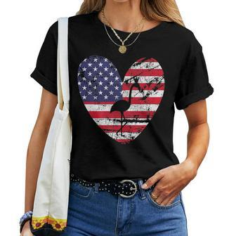 Heart Flamingo American Flag 4Th Of July Usa Patriotic Women T-shirt | Mazezy