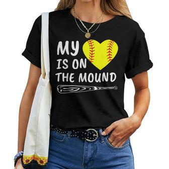 My Heart Is On The Mound Softball Bat Proud Mom Dad Women T-shirt | Mazezy