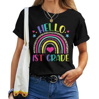 Hello 1St Grade Leopard Boho Rainbow 1St Day Of School Women T-shirt Short Sleeve Graphic - Thegiftio UK