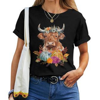 Hello Autumn Fall Highland Cow Pumpkins Thanks Giving Women T-shirt - Monsterry